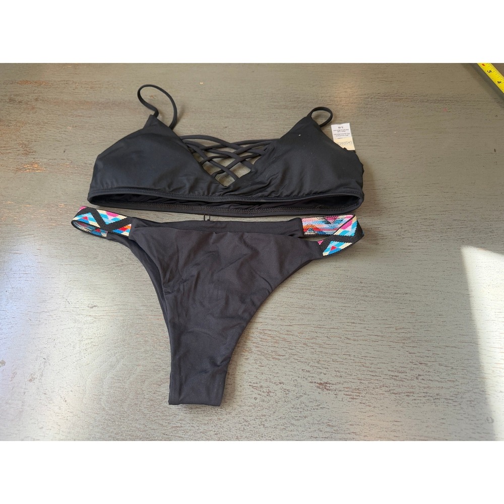 L Space Black Lattice Strappy Bikini Set Large Embroidered Sides Made in USA